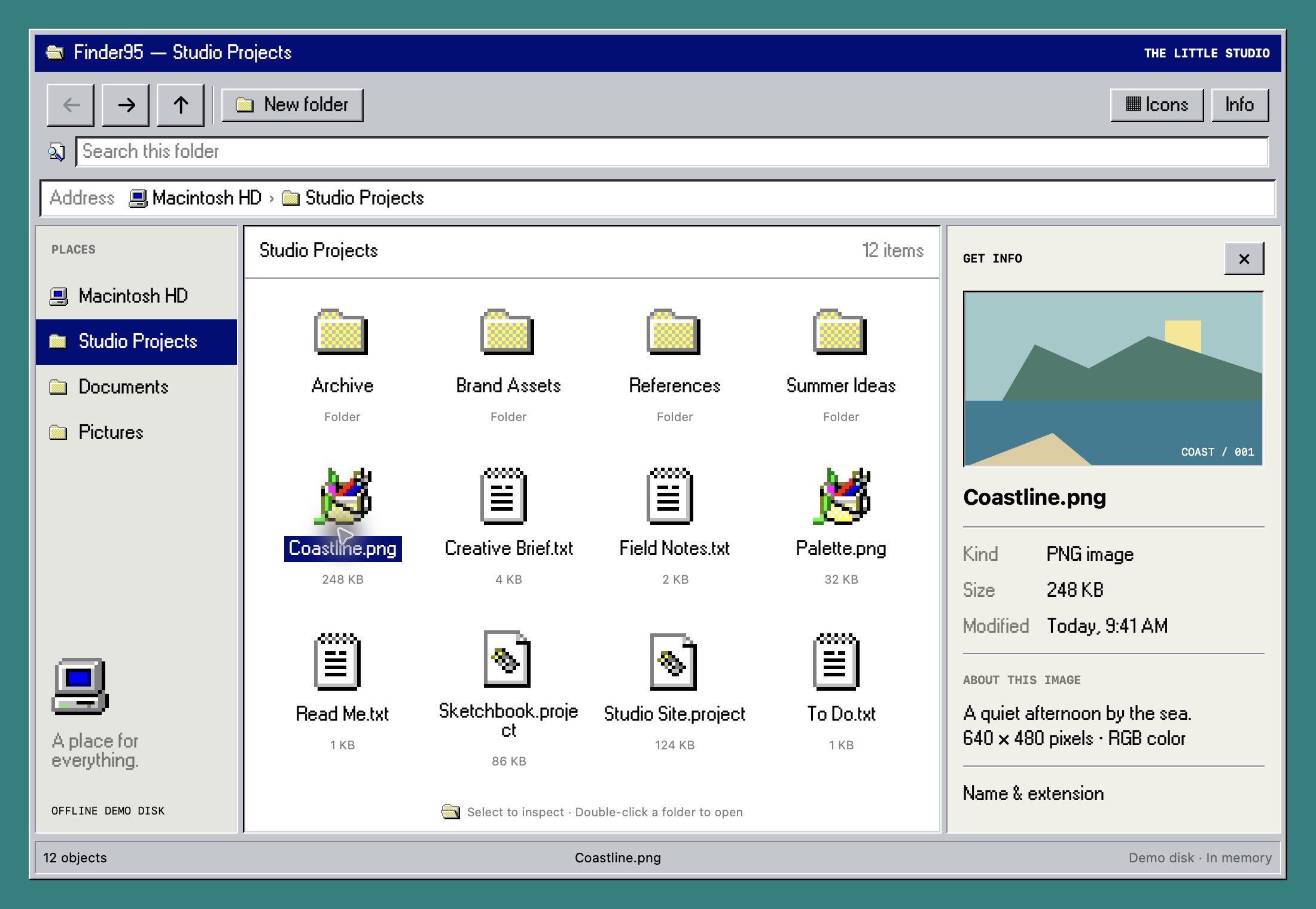 Finder ’95 file browser with a folder sidebar, file grid, toolbar and selected file details
