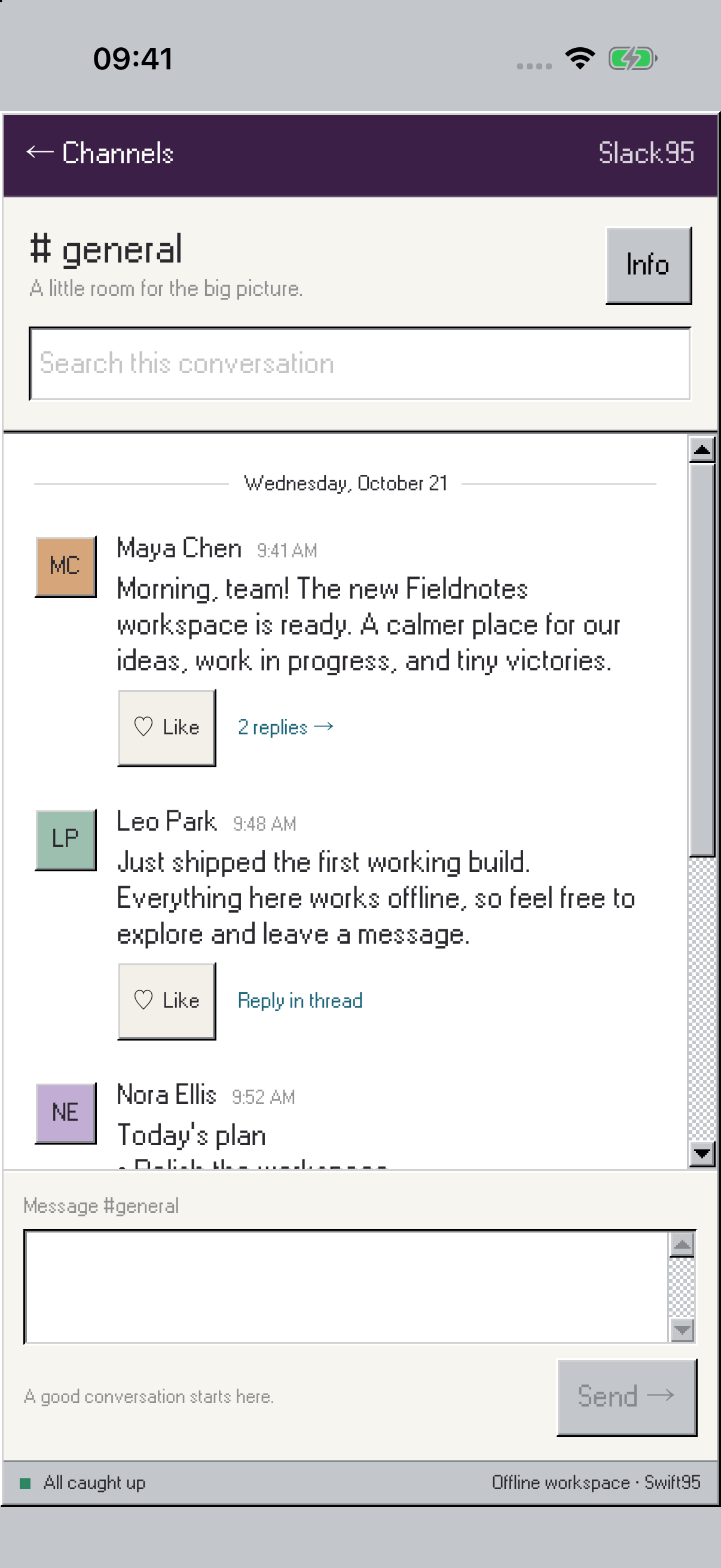 Slack ’95 on iPhone showing a channel conversation and message composer