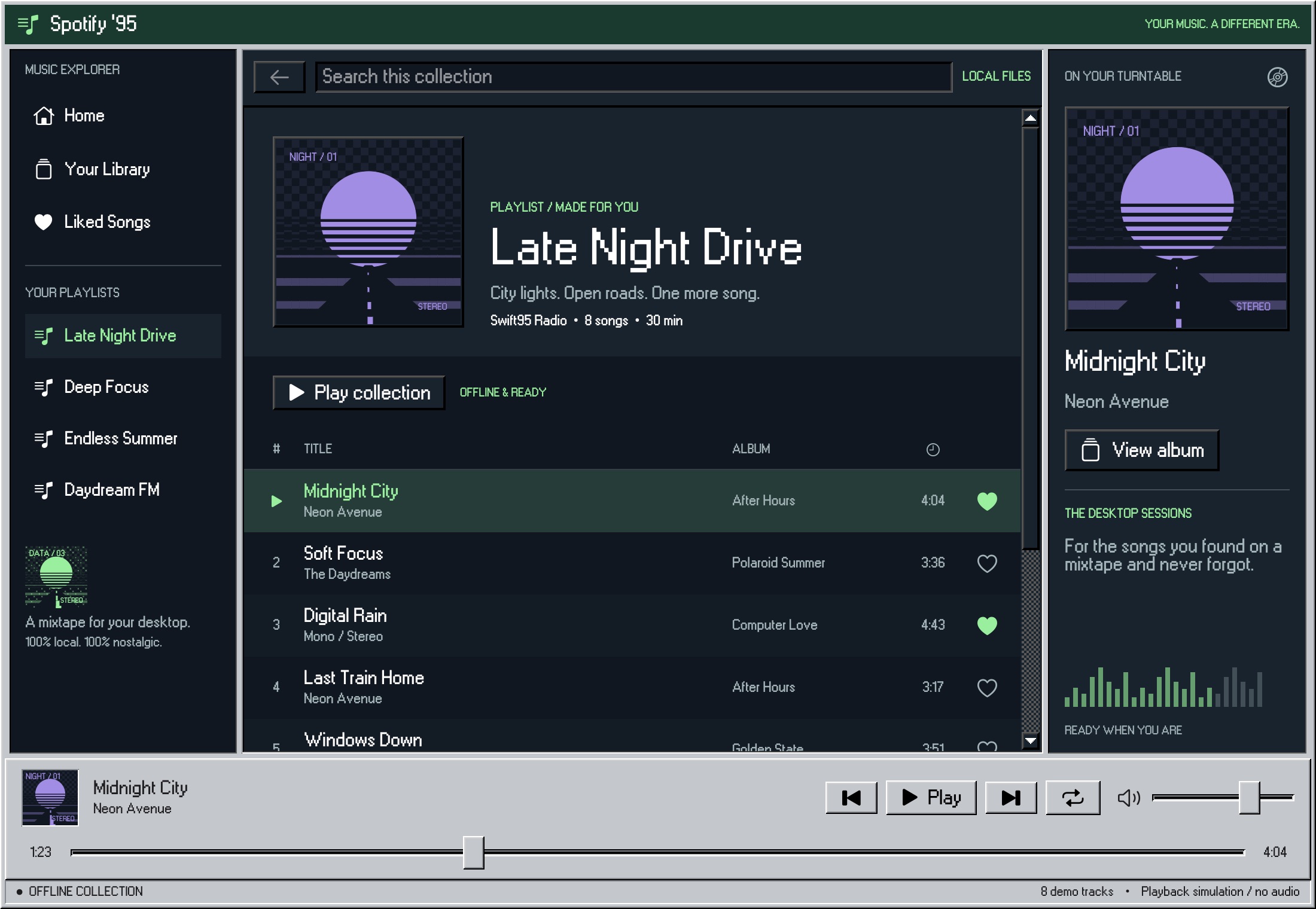 Spotify ’95 music app with playlists, original album artwork, a track list and playback controls