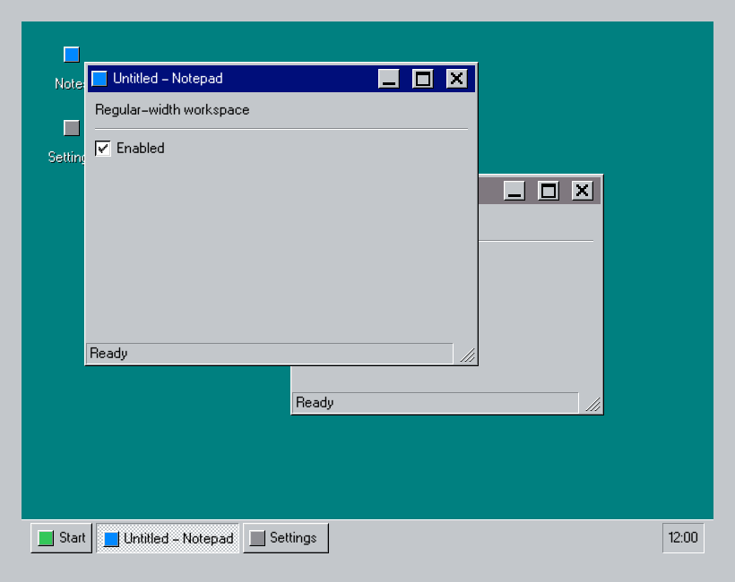 Workspace95 with desktop, windows, and taskbar